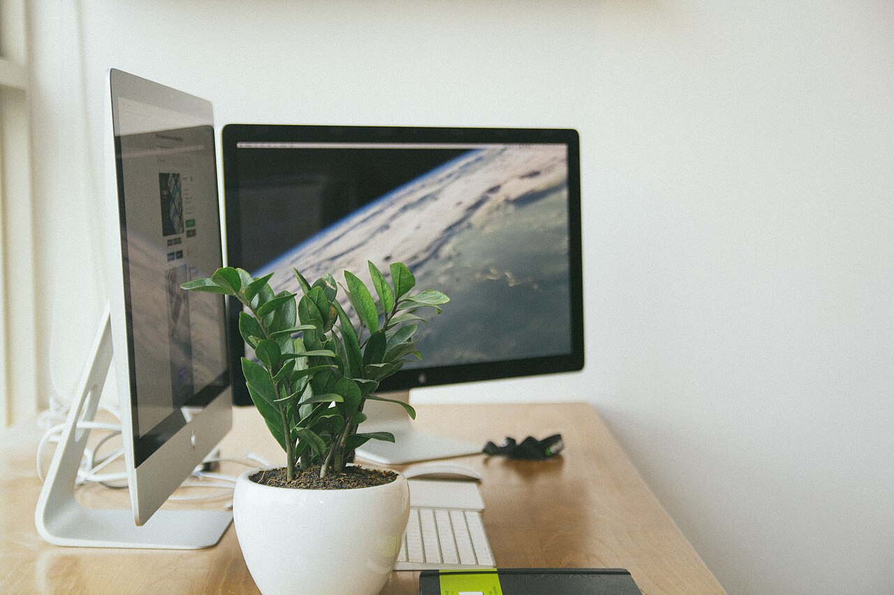 Desktop computer screens on a tidy workspace